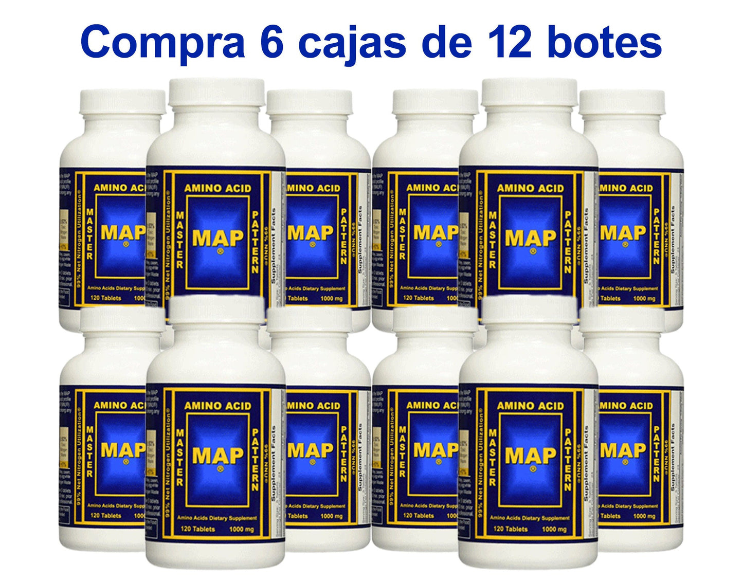Multiple cases of supplement bottles labeled 'MAP' arranged in rows, with promotional text offering a free case with the purchase of five.