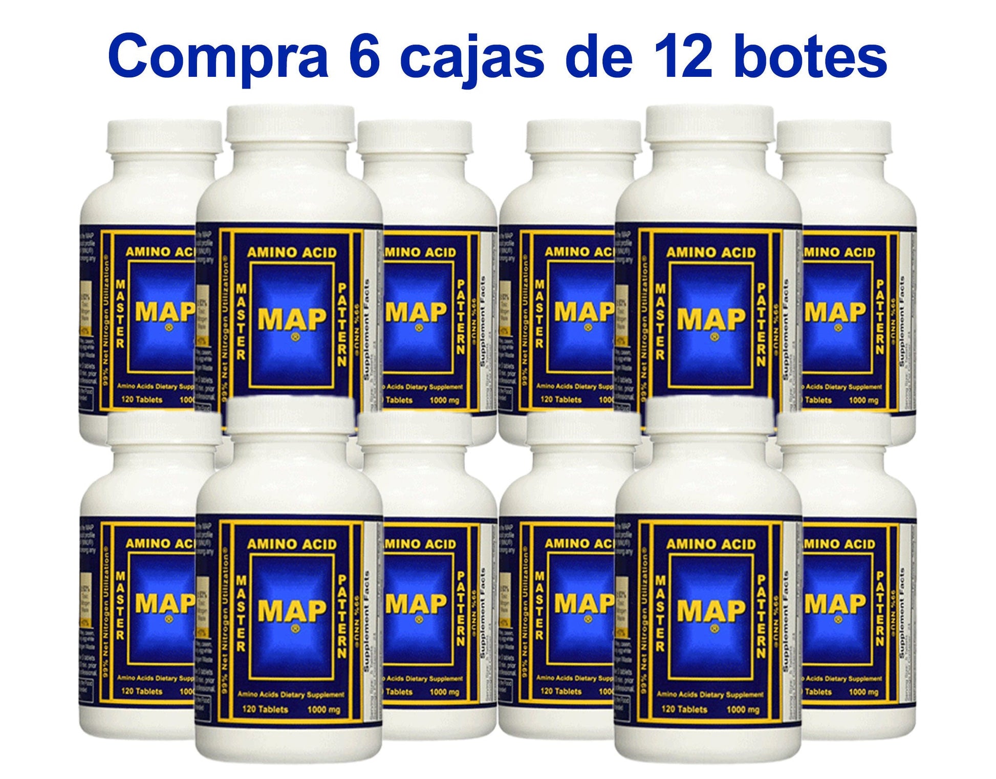 Multiple cases of supplement bottles labeled 'MAP' arranged in rows, with promotional text offering a free case with the purchase of five.