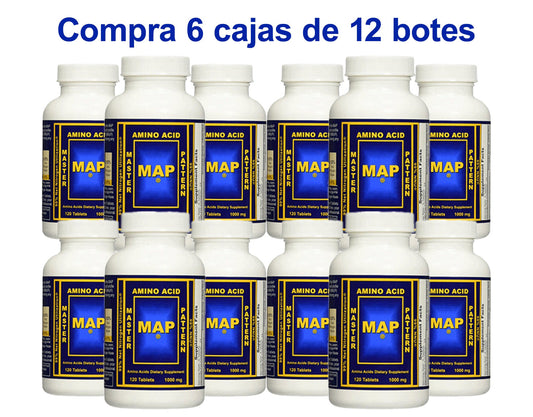 Multiple cases of supplement bottles labeled 'MAP' arranged in rows, with promotional text offering a free case with the purchase of five.