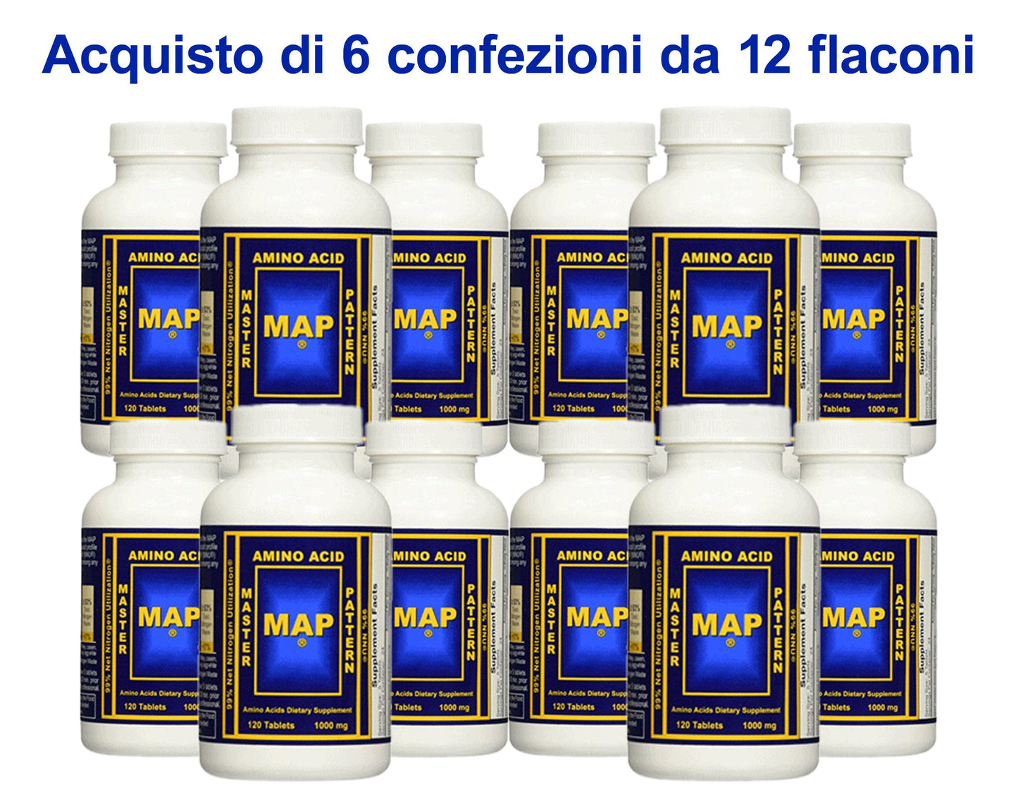 Più casse di flaconi di integratori etichettati "MAP" disposti in file, con un testo promozionale che offre una cassa gratuita con l'acquisto di cinque.