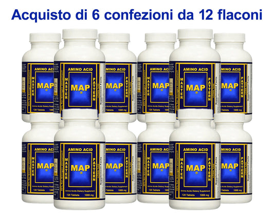 Più casse di flaconi di integratori etichettati "MAP" disposti in file, con un testo promozionale che offre una cassa gratuita con l'acquisto di cinque.