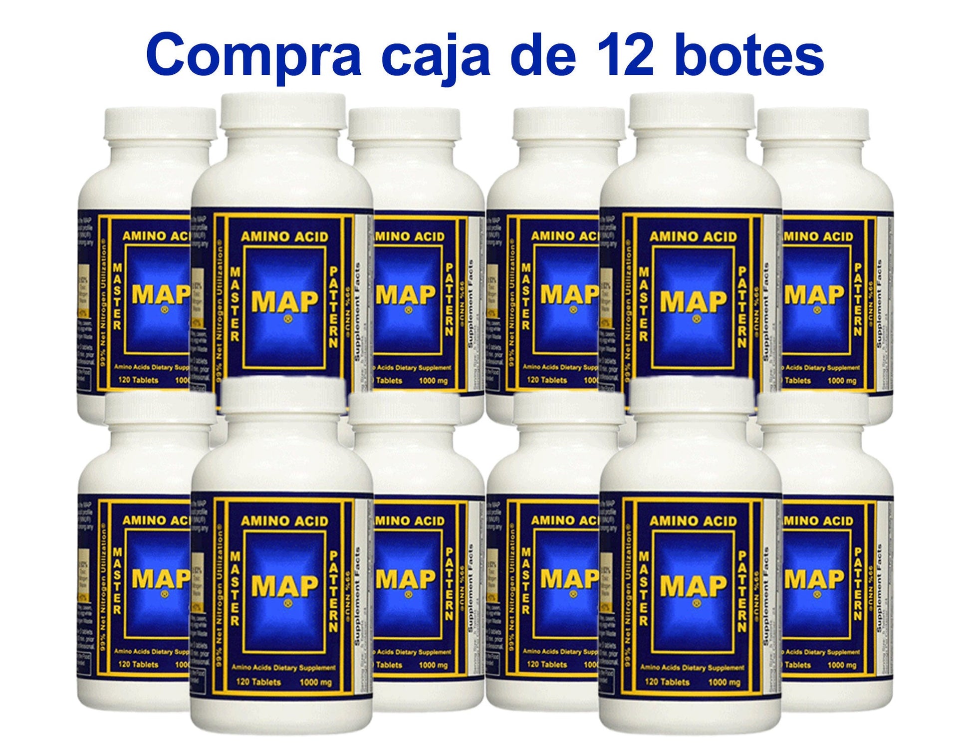 Case of 12 MAP Amino Acid bottles on a white background