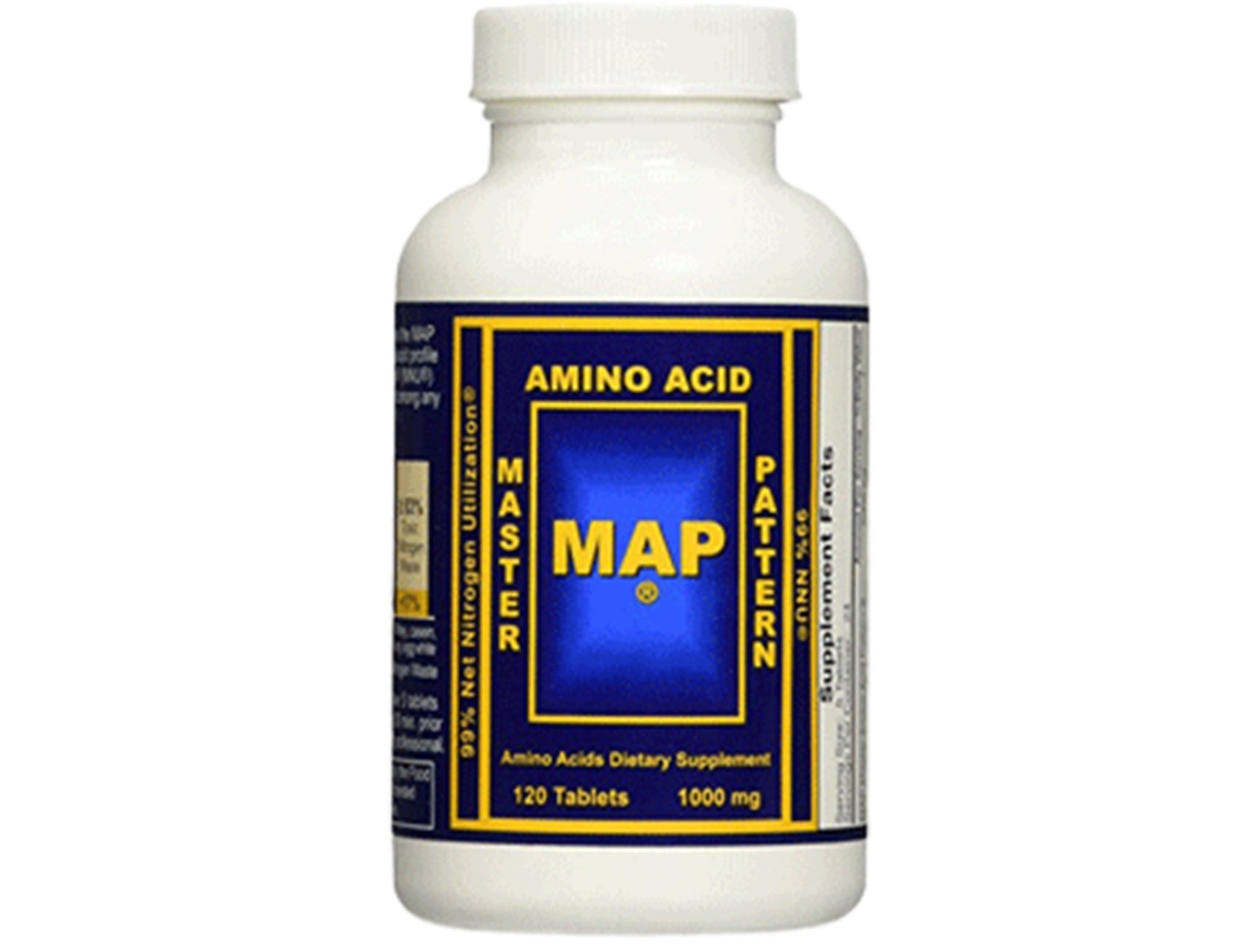 A bottle of Original MAP Master Amino Acid Pattern dietary supplement with 120 tablets, priced at $25.00